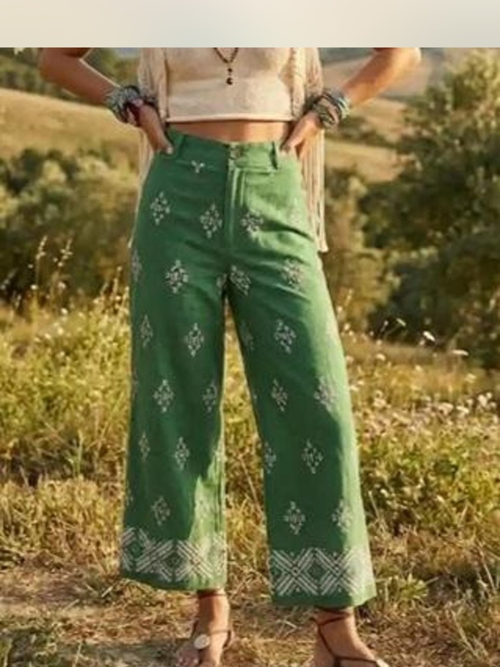 Haute Hippie Green Embroidered Wide-Leg Pants